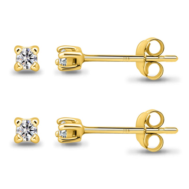 B. BRILLIANT Gold Stud Earrings for Women Yellow Flashed Sterling Silver 2mm Round Stud Tiny CZ Earring Set for Men Women, 2 Pairs - Image 1